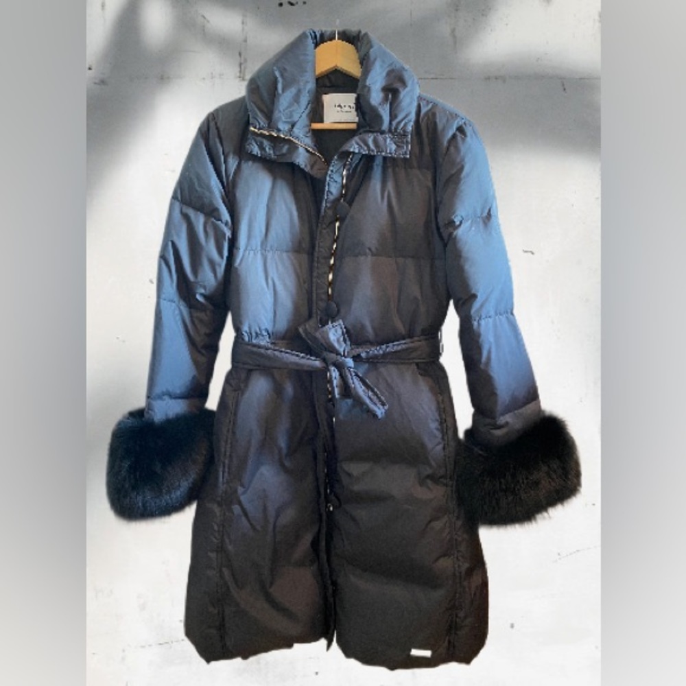 Black Blumarine Quilted Down Feather Jacket w/Fox Fur Cuffs